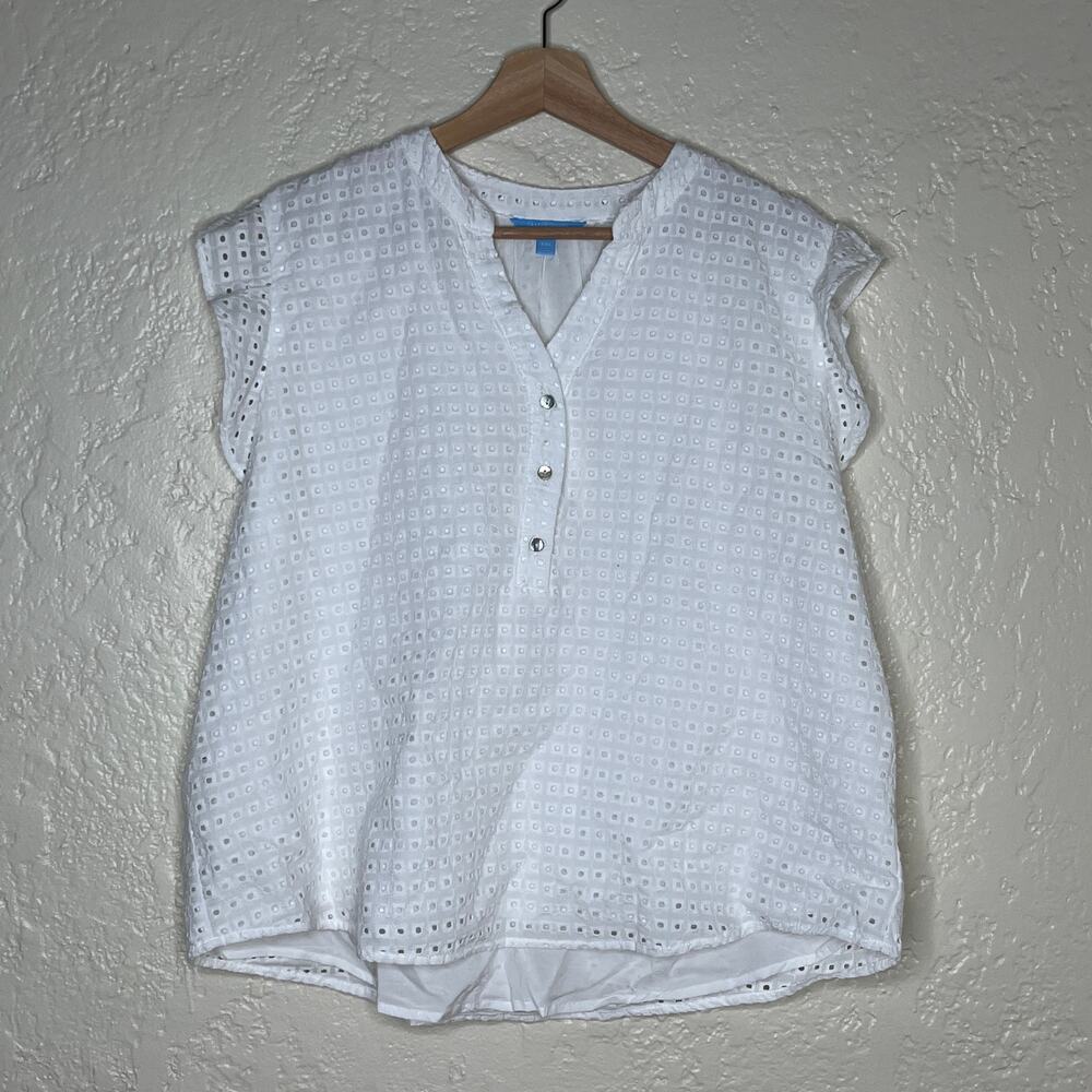 Draper James White Eyelet Ruffle V Neck Blouse Cottagecore Women XXL